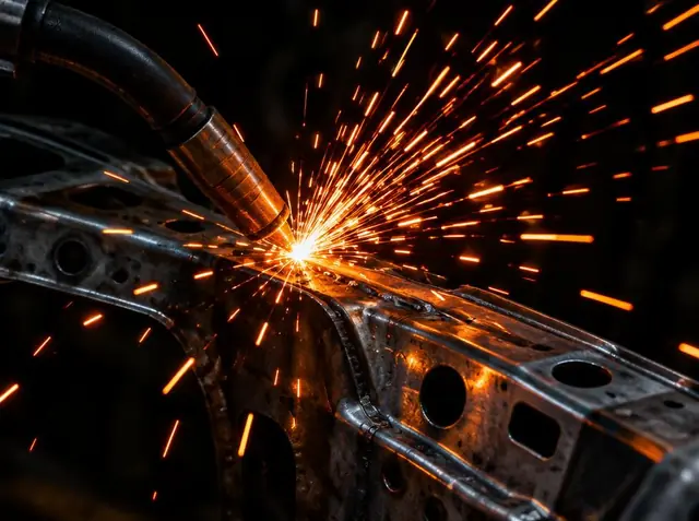 Faíscas de solda sobre peça metálica automotiva